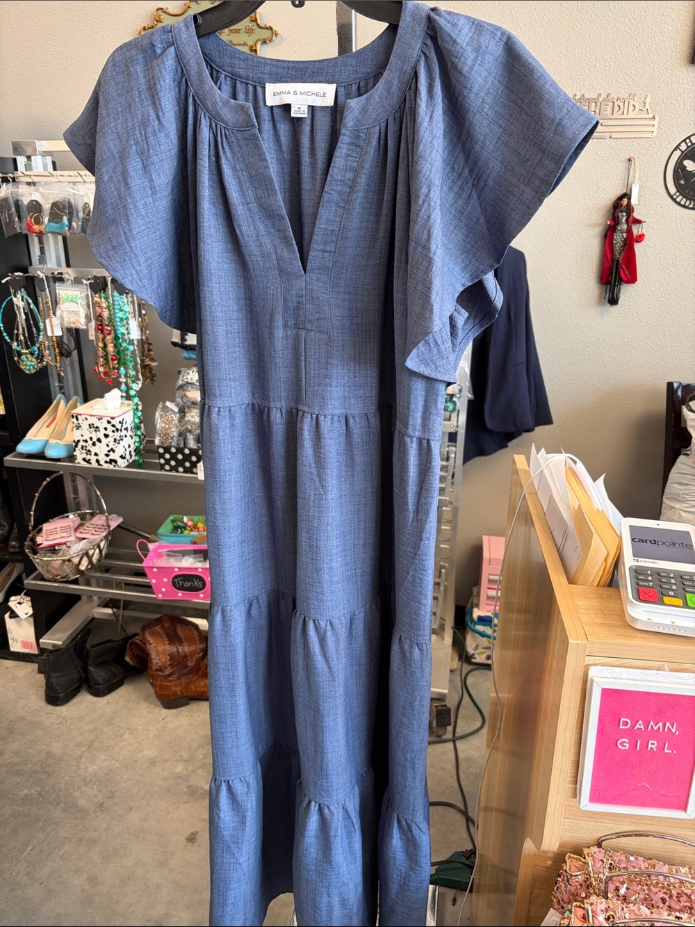 Emma & Michele Chambray Blue Tiered Maxi Dress TFF6NN